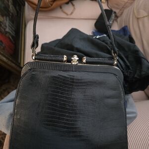 Black Structured Top-Handle Bag with Lizard Texture